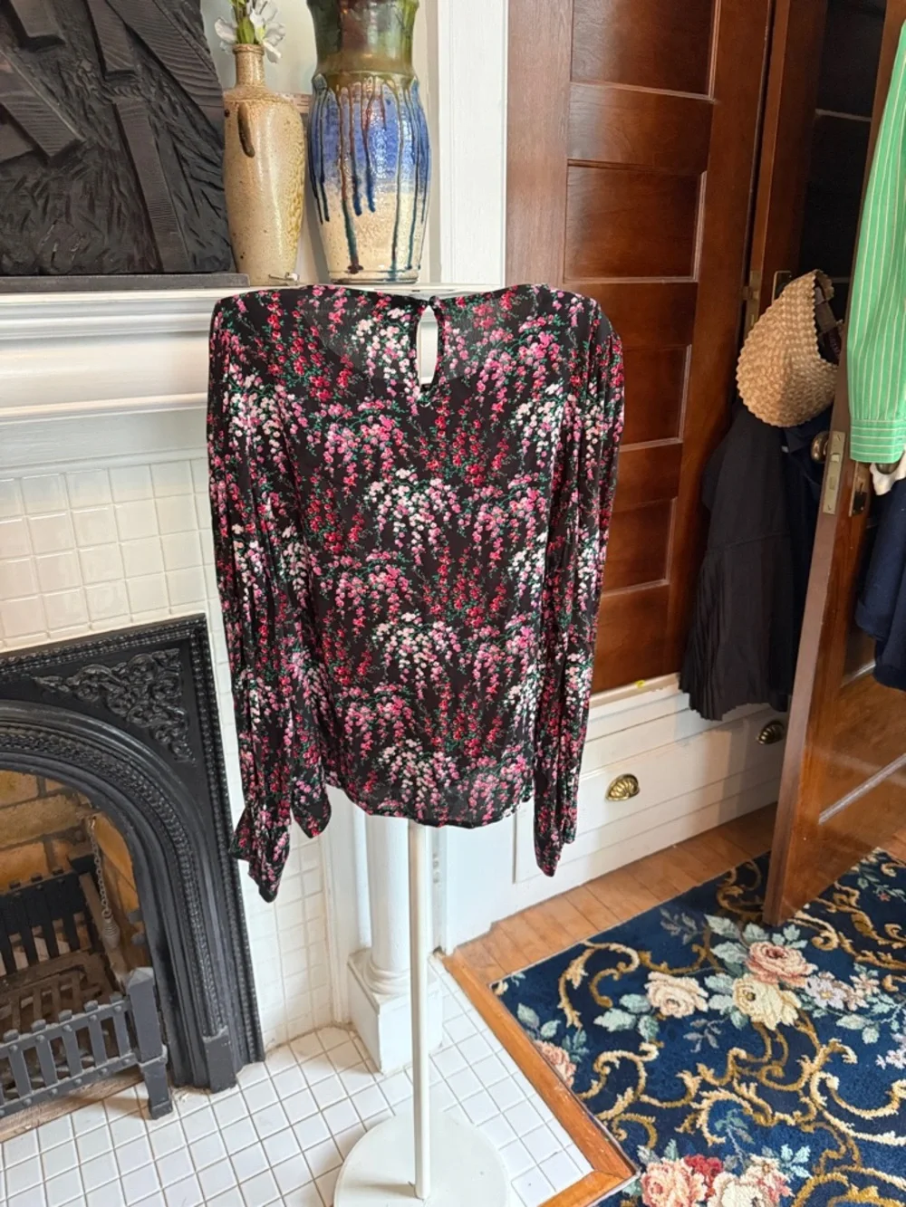 J. Crew Black Blouse with Pink and White Floral Print- worn‎ once